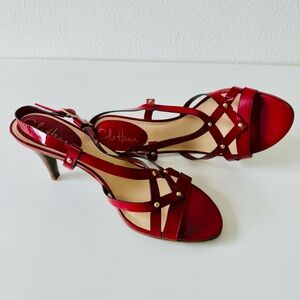 Cole Haan NikeAir Red Patent Leather Strappy Stack Heel Sandal-Gold Accents 8.5